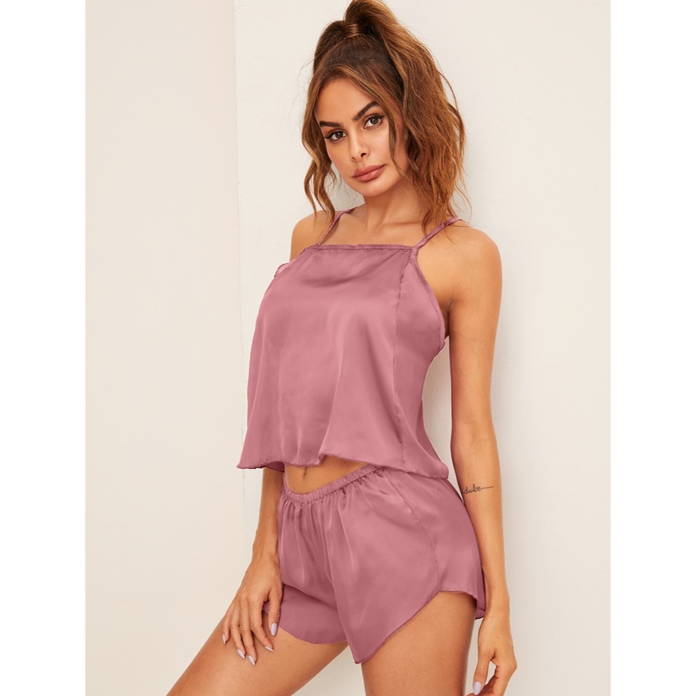 Pink Satin Pajama Set: Cami top and Shorts - Picture 2 of 7